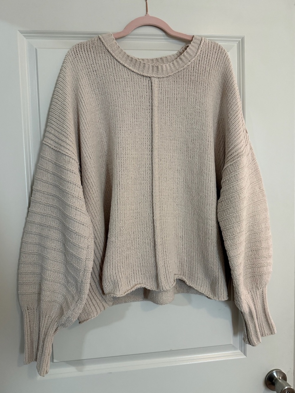 women’s oversized cream waffle knit crewneck sweater - loveriche!